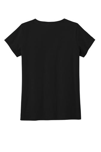 Back view of a black women’s V-neck Concert Tee made from soft spun cotton with short sleeves and a side-seamed fit.