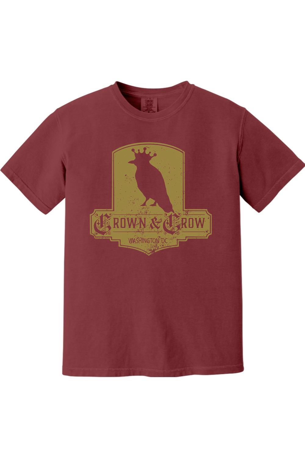 Maroon garment-dyed cotton t-shirt featuring a distressed yellow Crown & Crow Washington DC logo graphic.
