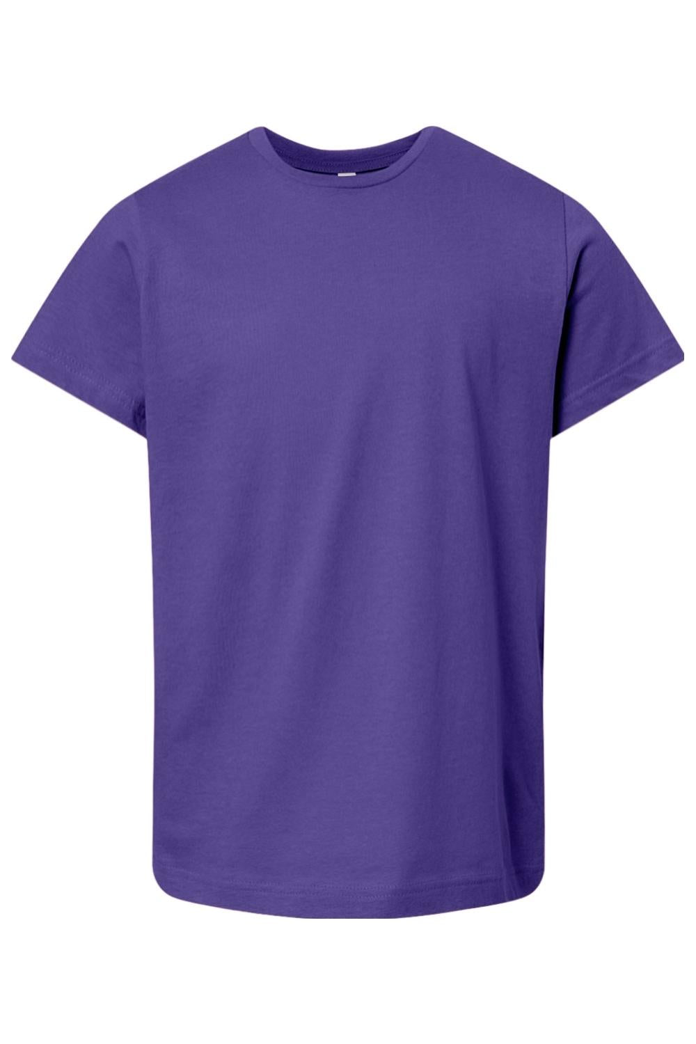 Youth LAT fine jersey crewneck t-shirt in solid purple, featuring a soft, lightweight cotton blend fabric.