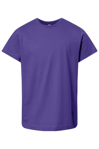 Youth LAT fine jersey crewneck t-shirt in solid purple, featuring a soft, lightweight cotton blend fabric.