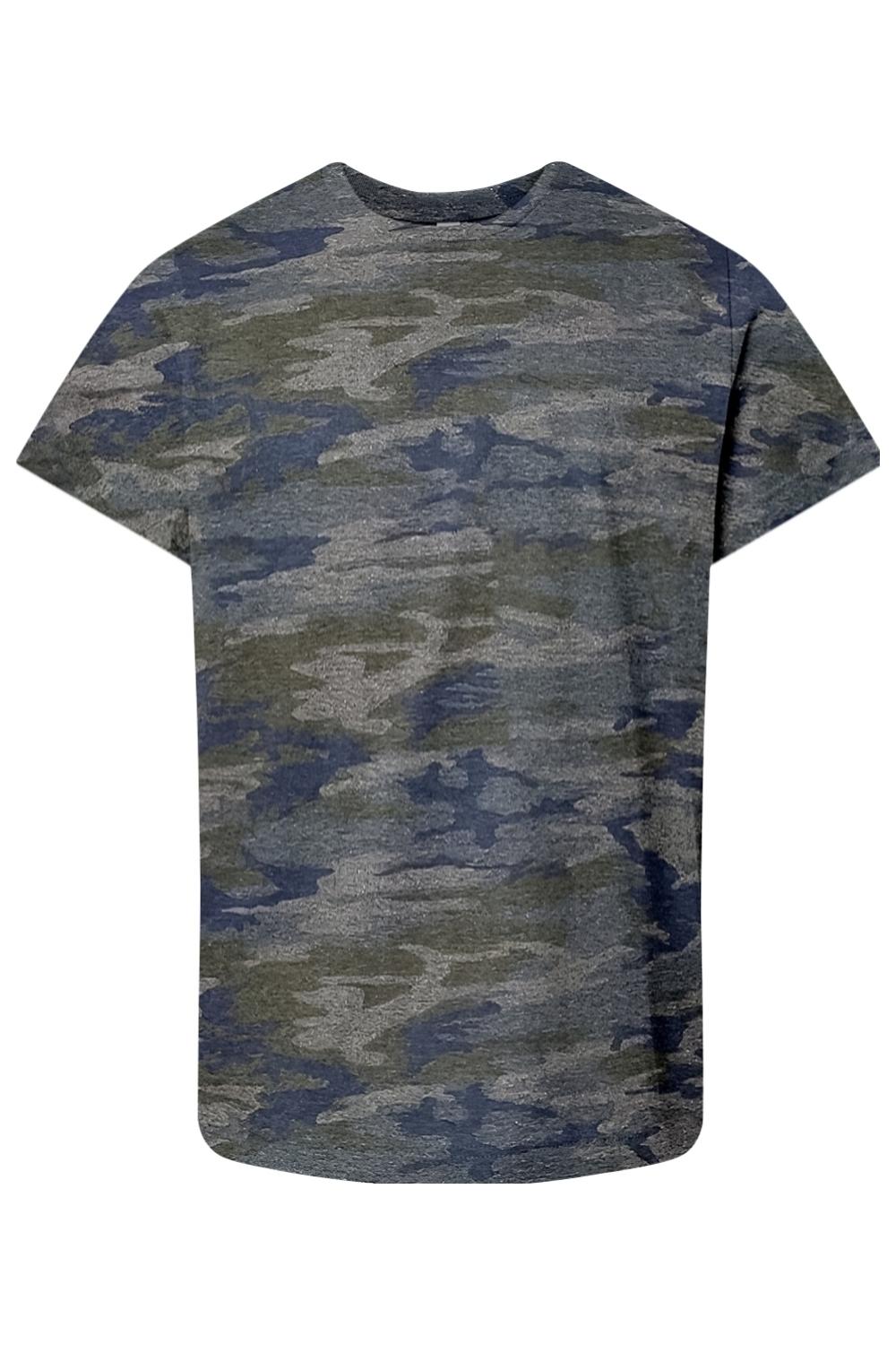 Youth LAT fine jersey t-shirt in a blue and grey camouflage print with a classic crew neck and short sleeves.