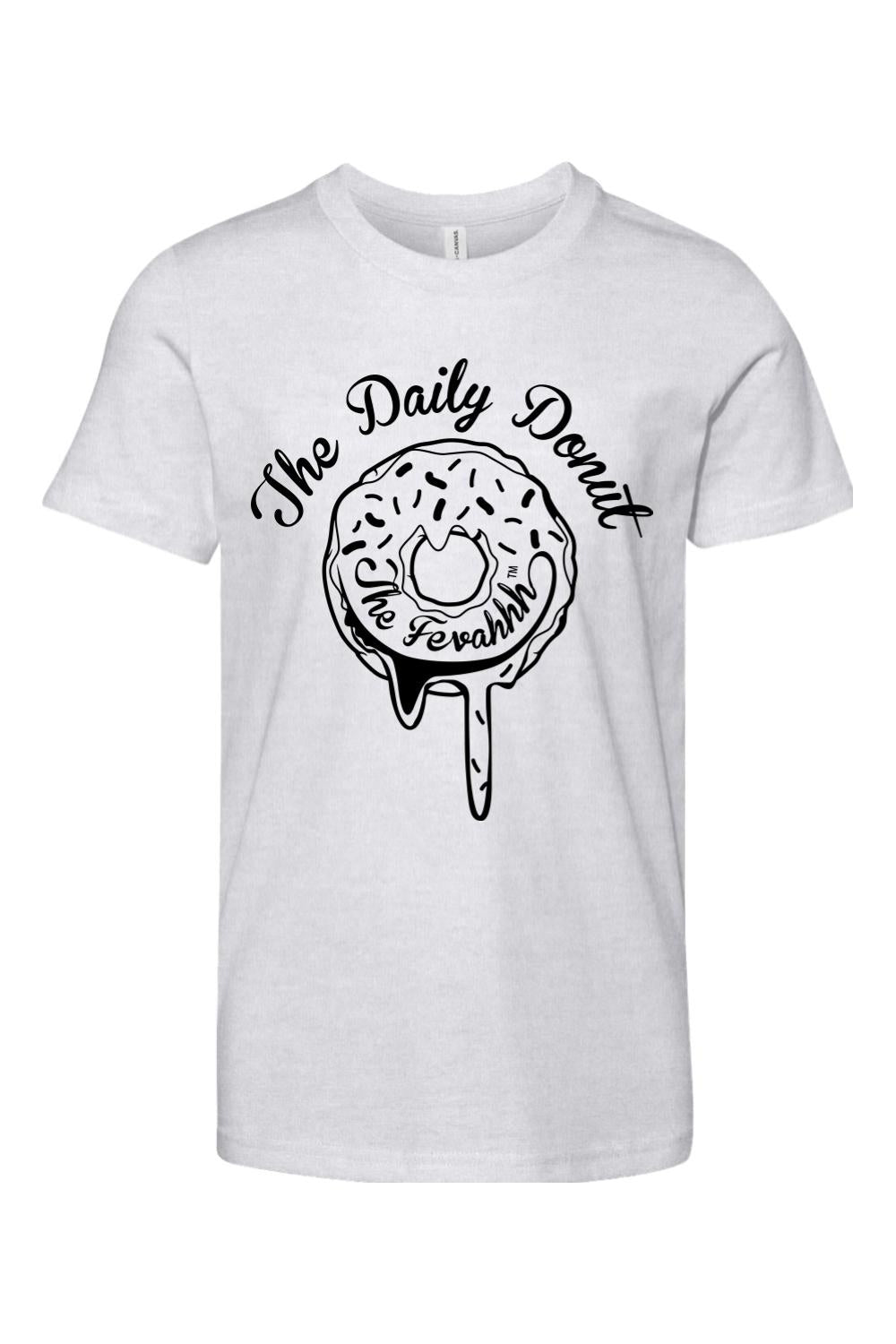 Soft white cotton youth t-shirt featuring a black graphic of a dripping donut with The Daily Donut text.
