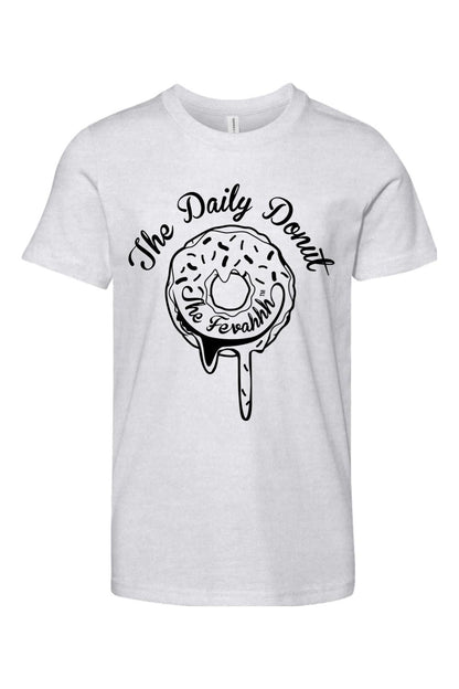 Soft white cotton youth t-shirt featuring a black graphic of a dripping donut with The Daily Donut text.