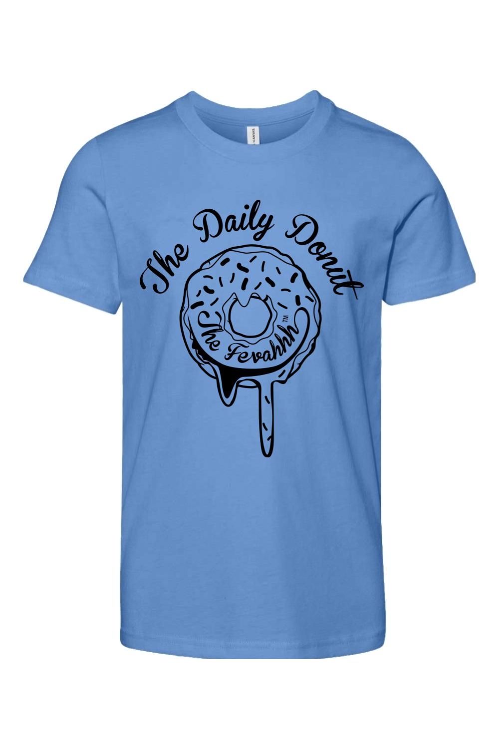 Light blue youth cotton t-shirt featuring a black graphic of a melting donut with The Daily Donut text.