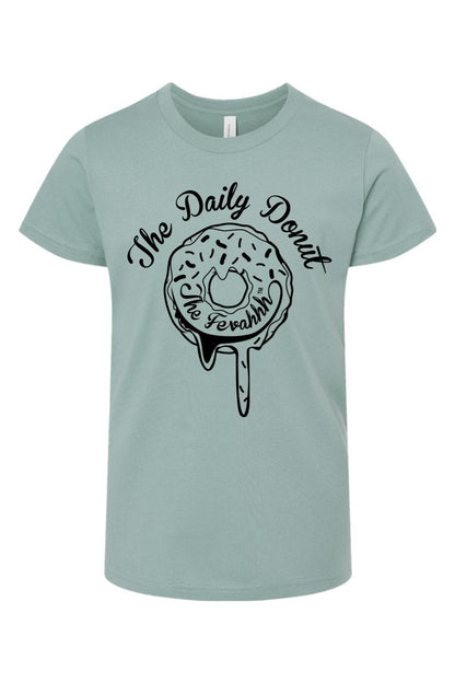 Soft sage green youth cotton t-shirt featuring a black graphic of a dripping donut with The Daily Donut text.