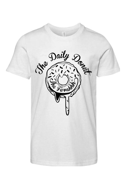White youth cotton t-shirt featuring a black graphic of a dripping donut with The Daily Donut text.
