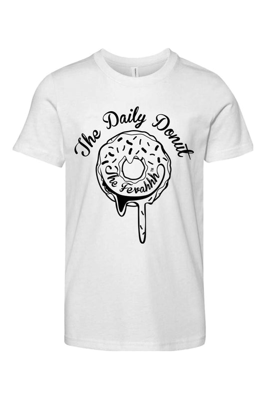White youth cotton t-shirt featuring a black graphic of a dripping donut with The Daily Donut text.