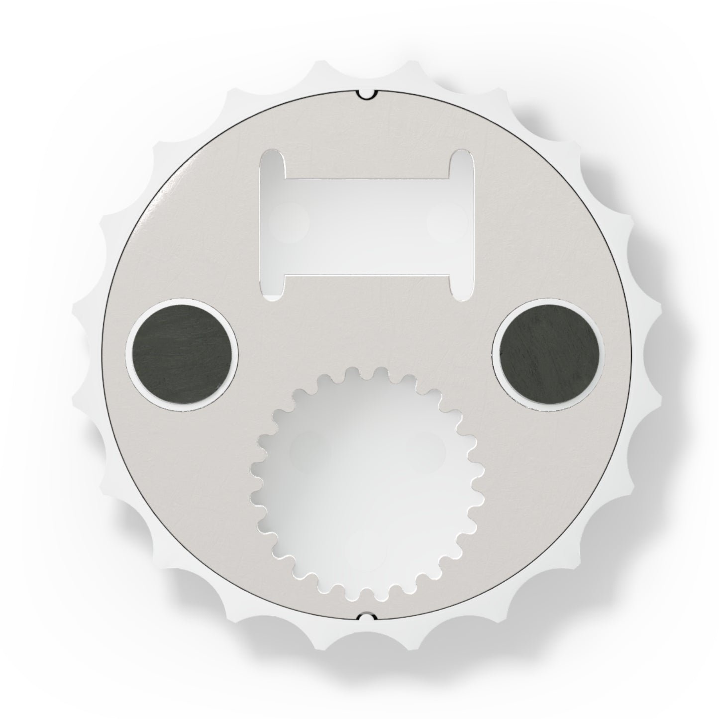 Matte white bottle cap opener with a metallic base, two magnetic back points, and dual opening mechanisms.