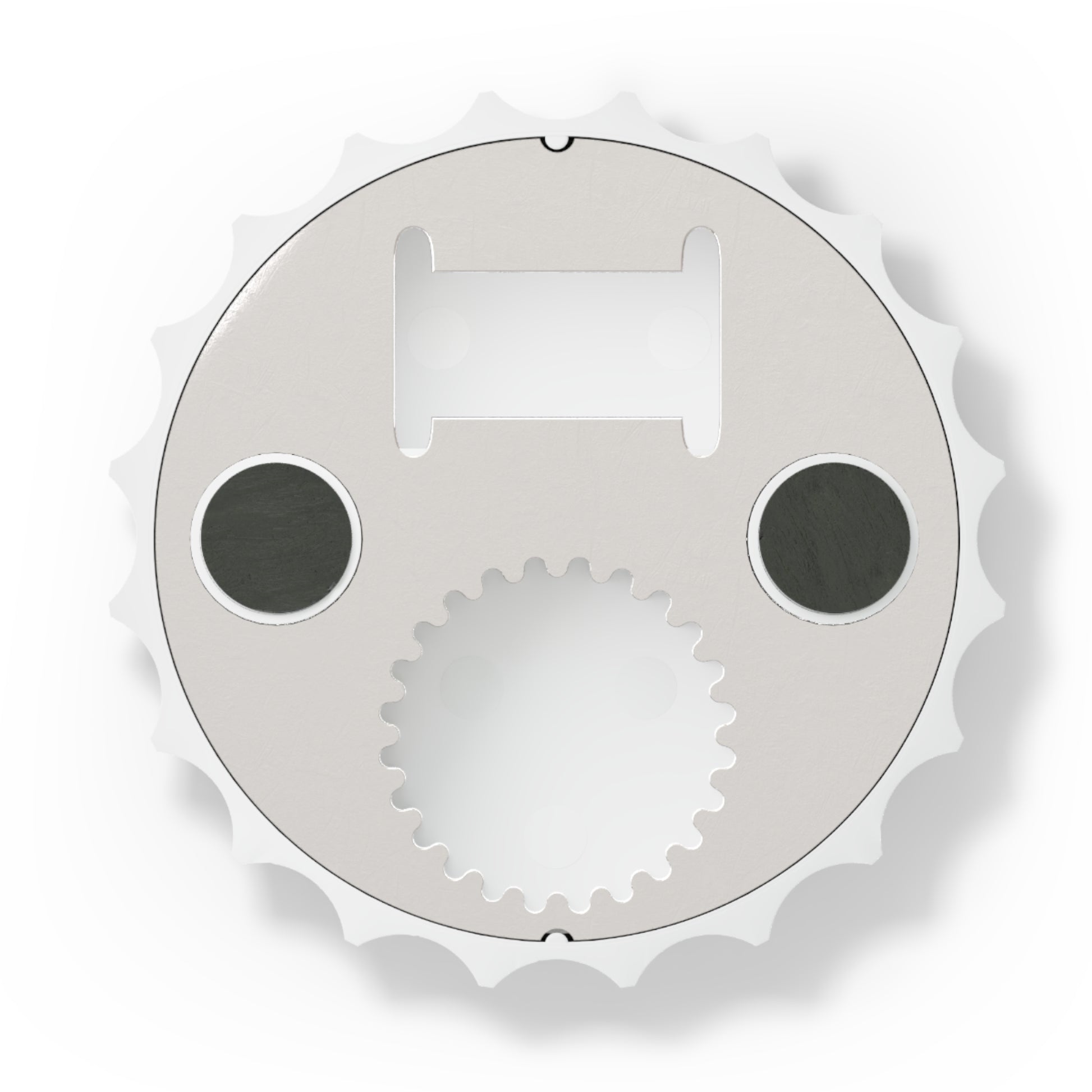 Matte white bottle cap opener with a metallic base, two magnetic back points, and dual opening mechanisms.