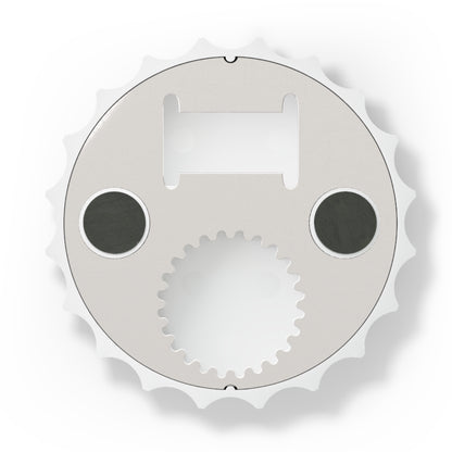 Matte white bottle cap opener with a metallic base, two magnetic back points, and dual opening mechanisms.
