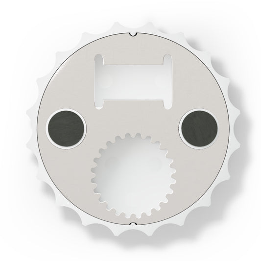 Matte white bottle cap opener with a metallic base, two magnetic back points, and dual opening mechanisms.