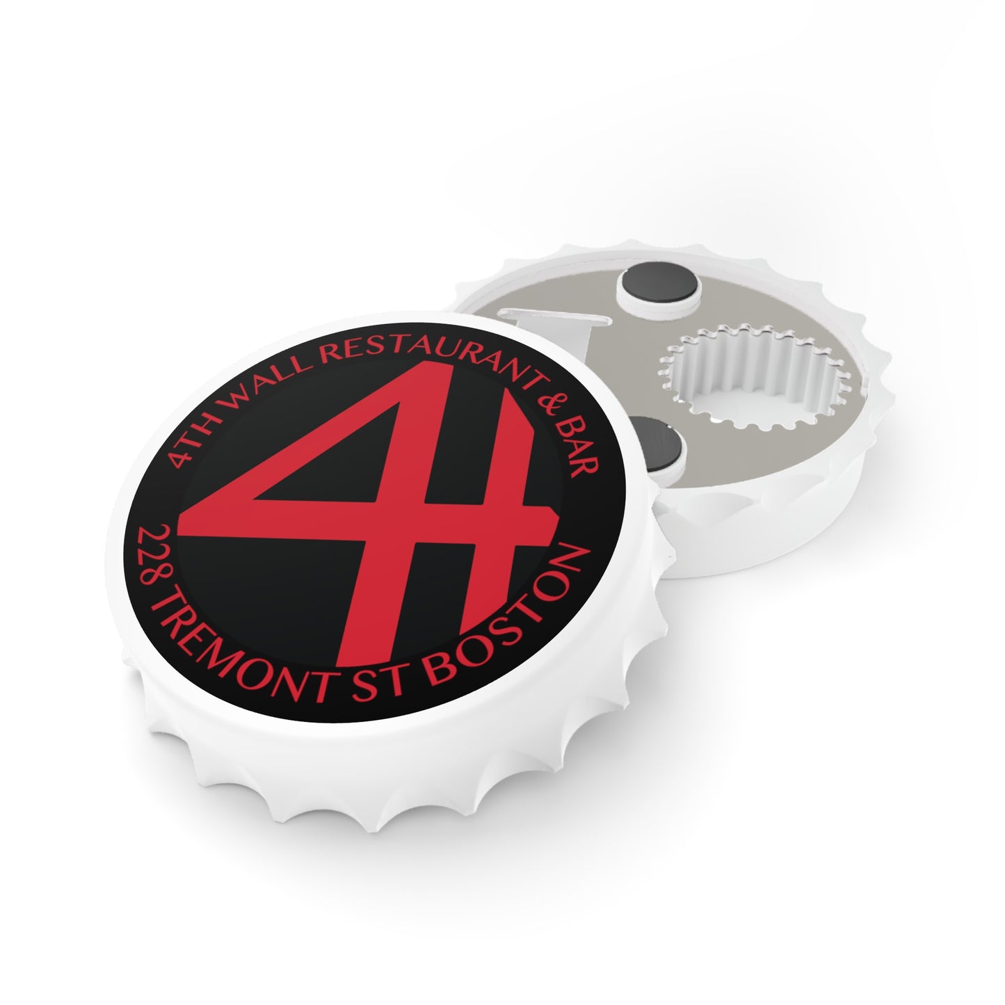 4th Wall bottle cap opener with a matte white plastic exterior, magnetic back, and red logo on a black circular background.