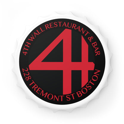 Bottle cap-shaped magnetic bottle opener with a matte black and red 4th Wall Restaurant & Bar logo on a white background.