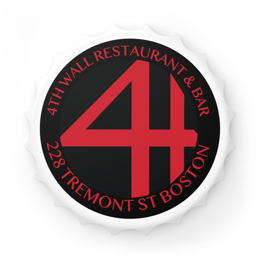 Bottle cap-shaped magnetic bottle opener with a matte black and red 4th Wall Restaurant & Bar logo on a white background.