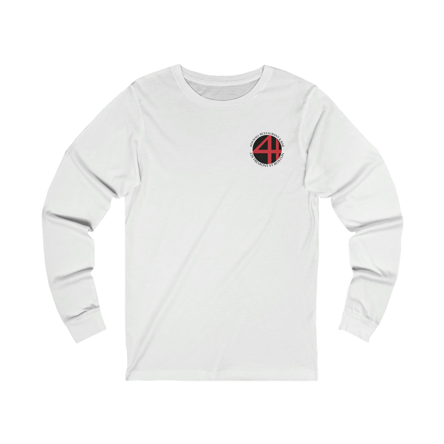 White long-sleeve jersey tee featuring a circular 4th Wall Restaurant & Bar logo on the left chest.