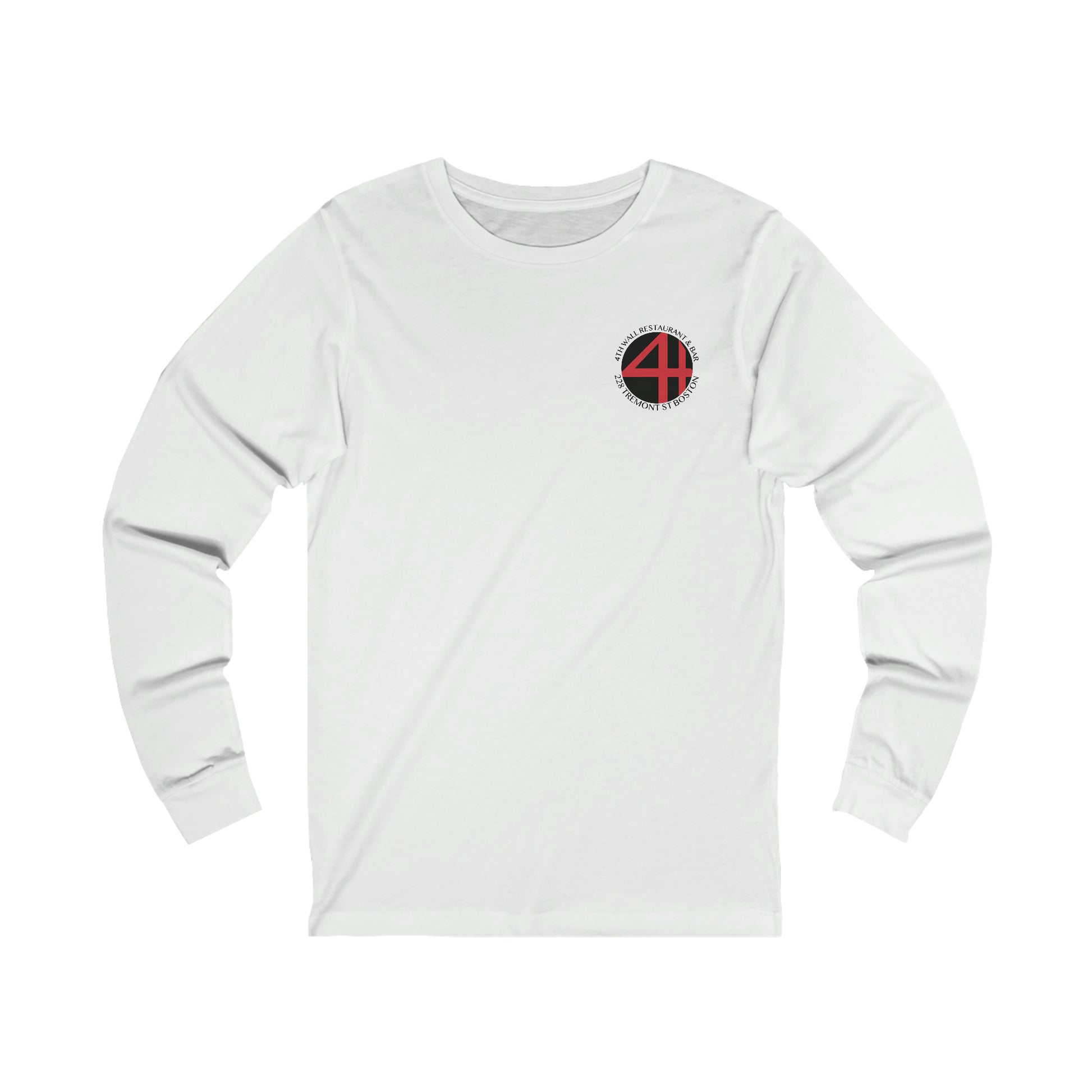 White long-sleeve jersey tee featuring a circular 4th Wall Restaurant & Bar logo on the left chest.