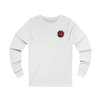 White long-sleeve jersey tee featuring a circular 4th Wall Restaurant & Bar logo on the left chest.