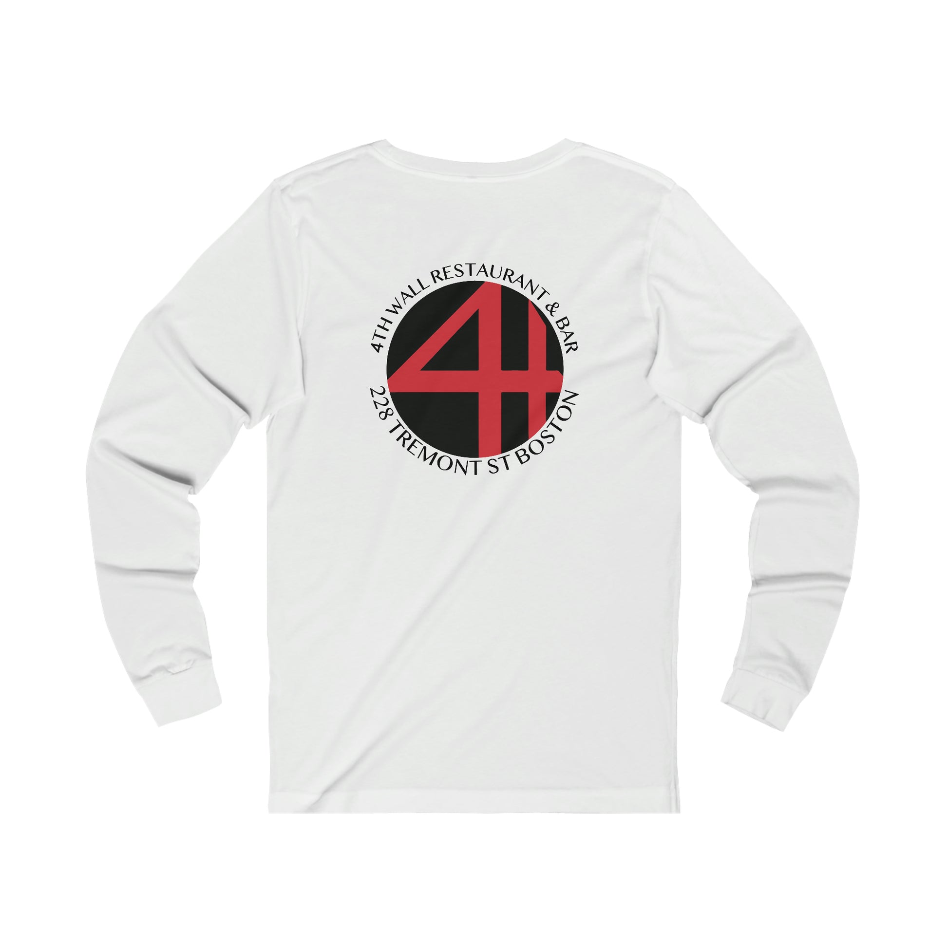 White long sleeve cotton jersey tee featuring a black and red 4th Wall Restaurant & Bar logo on the back.