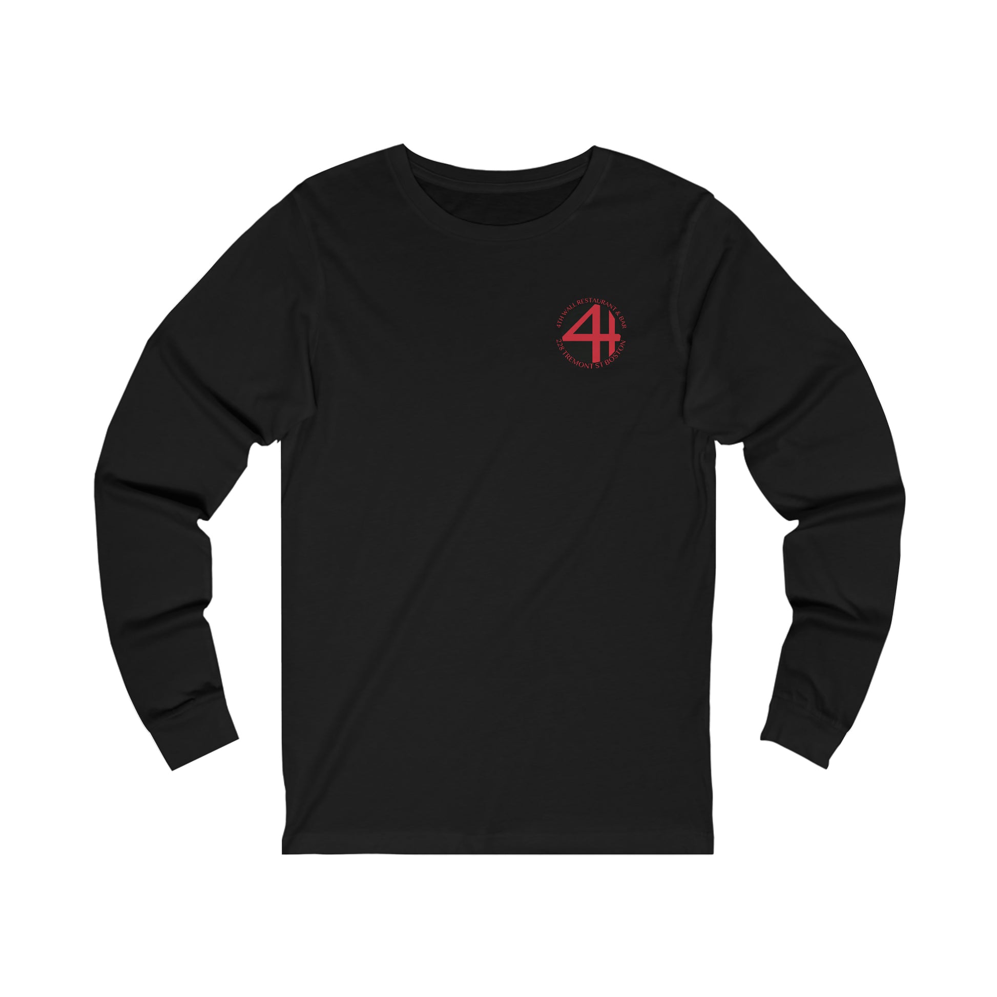 Black long-sleeve cotton jersey tee featuring a red 4th Wall Restaurant & Bar logo on the left chest.