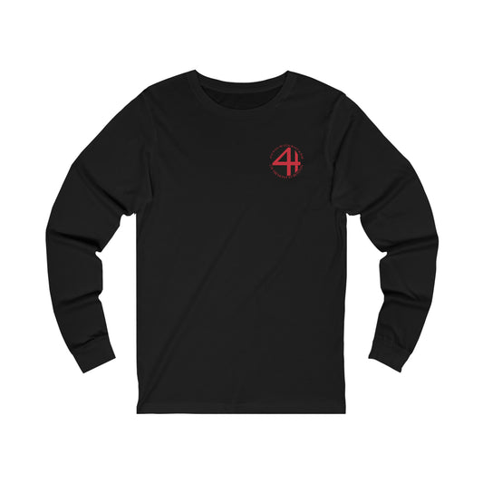Black long-sleeve cotton jersey tee featuring a red 4th Wall Restaurant & Bar logo on the left chest.