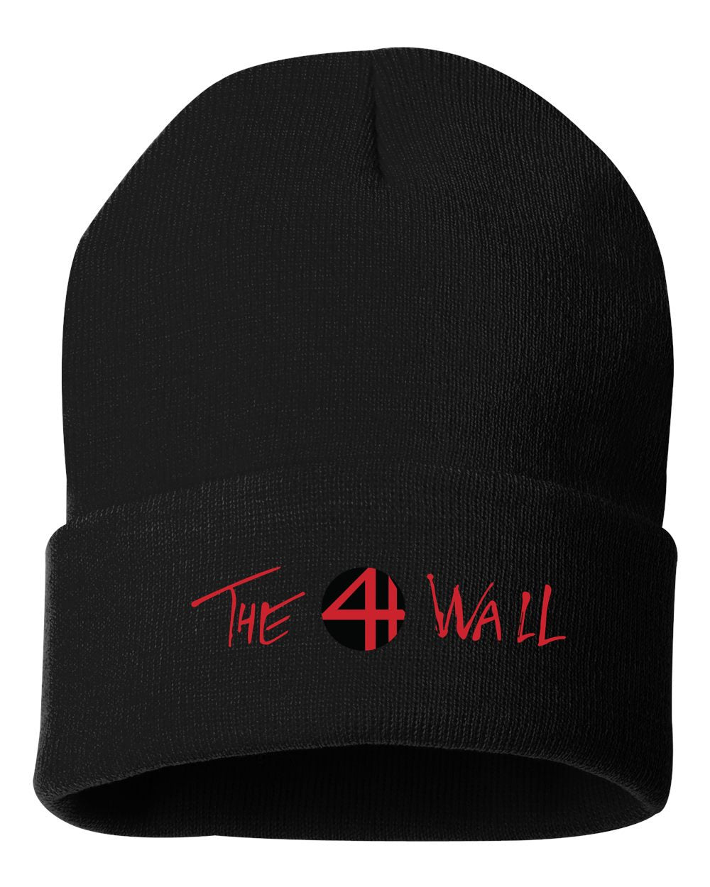 Black 12-inch acrylic knit beanie with an adjustable cuff and red The 4 Wall logo embroidery.