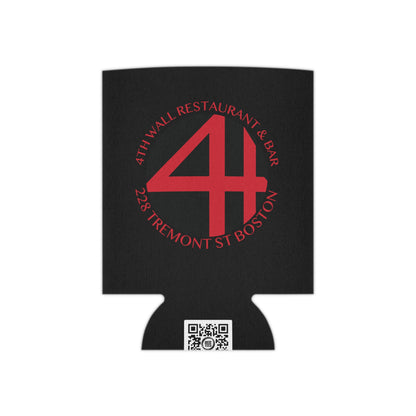 Black foam can cooler featuring a red 4th Wall Restaurant & Bar logo and a QR code at the base.