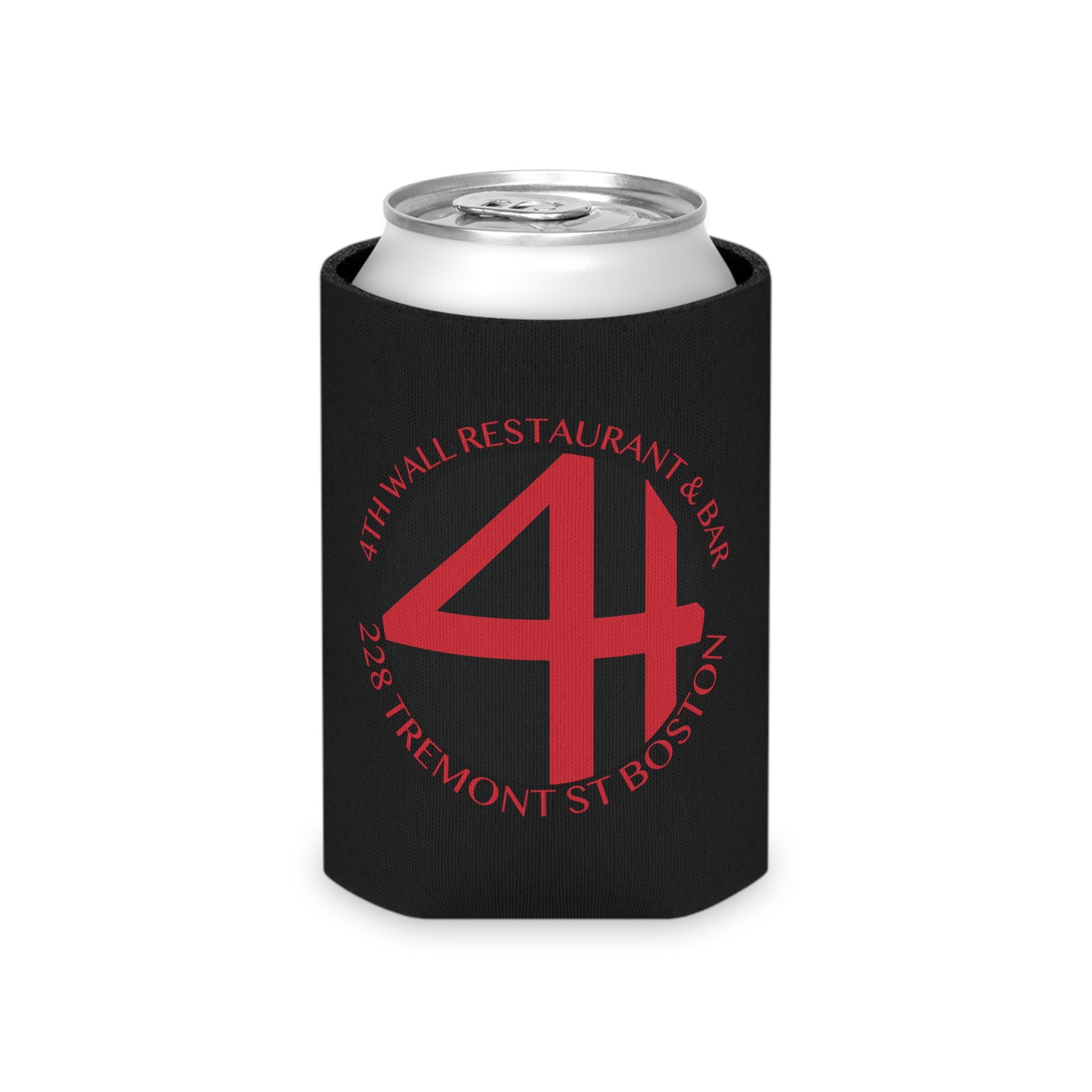 Black foam can cooler featuring a red 4th Wall Restaurant & Bar logo for a standard 12oz beverage can.