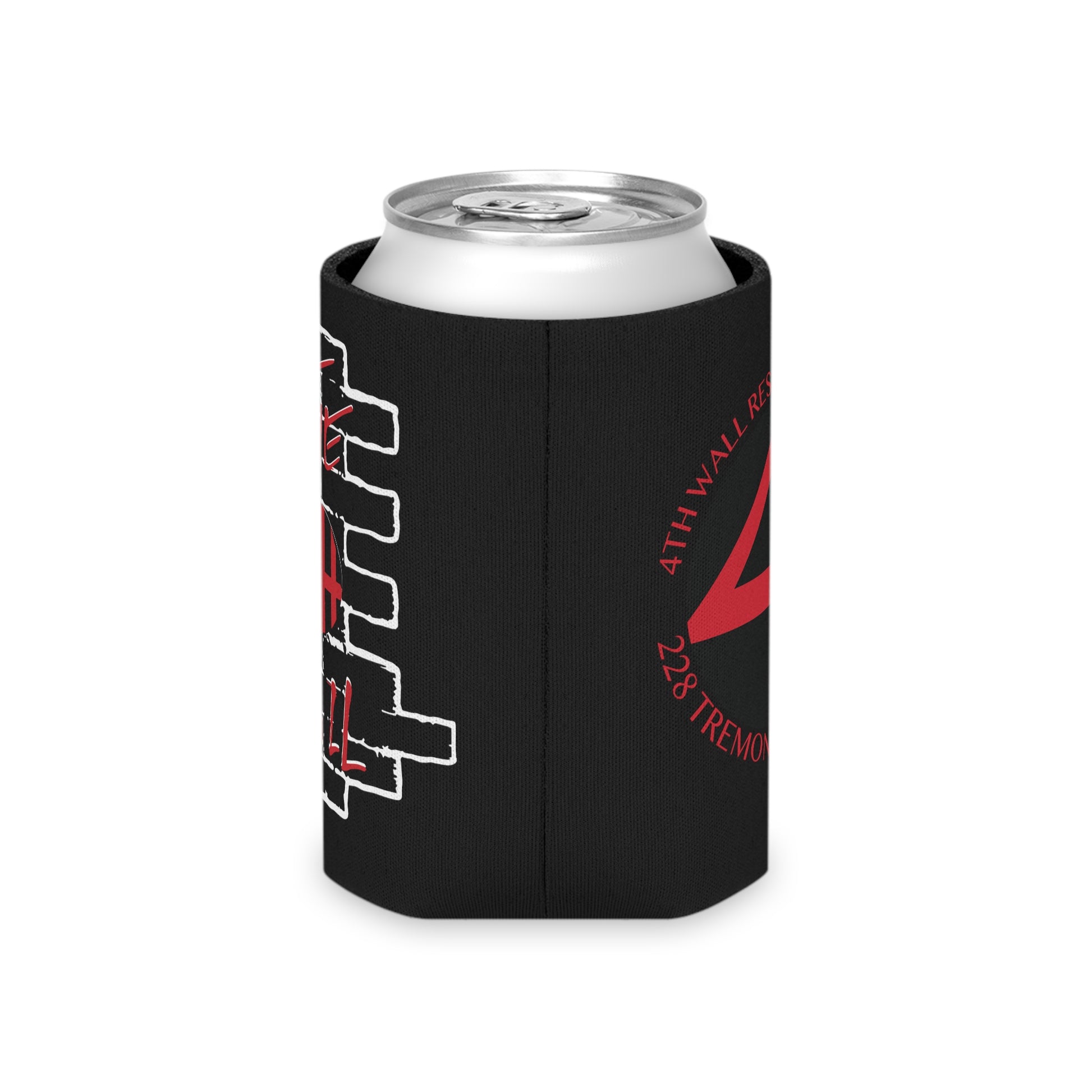 Black foam can cooler featuring a white brick wall graphic and red 4th Wall logo text on a standard 12oz beverage can.