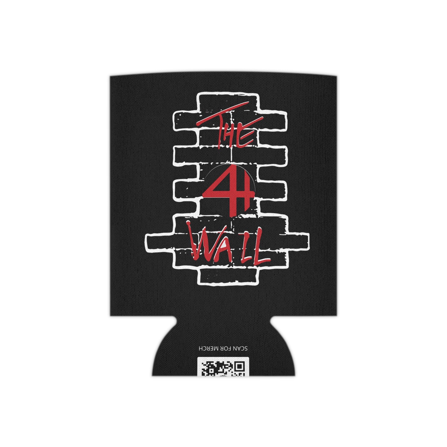 Black foam can cooler featuring a white brick wall graphic, red The 4th Wall text, and a bottom QR code for merch.