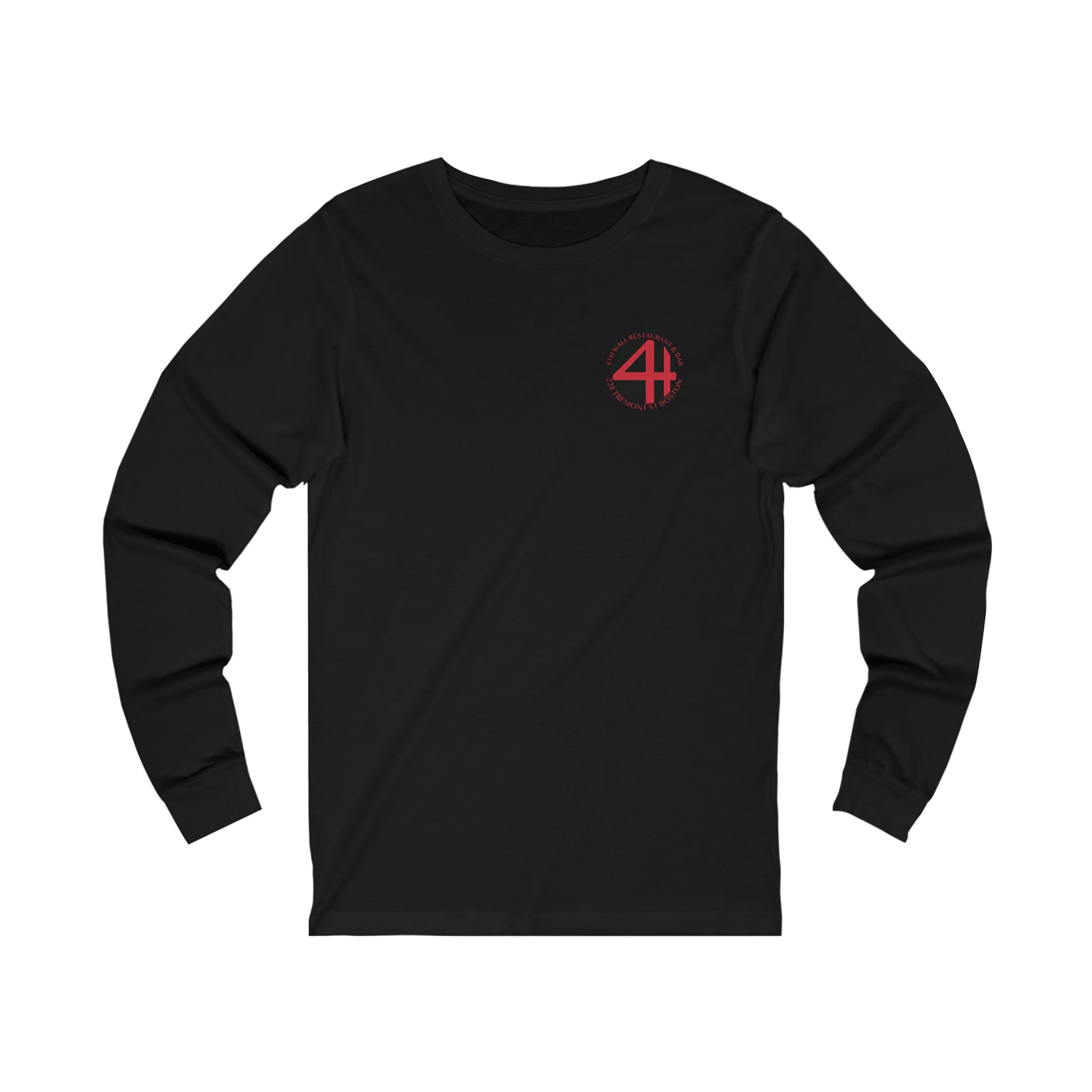 Black long-sleeve cotton jersey tee featuring a red 4th Wall Restaurant & Bar logo on the left chest.