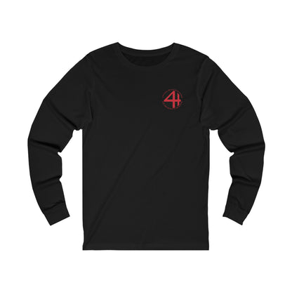 Black long-sleeve cotton jersey tee featuring a red 4th Wall Restaurant & Bar logo on the left chest.