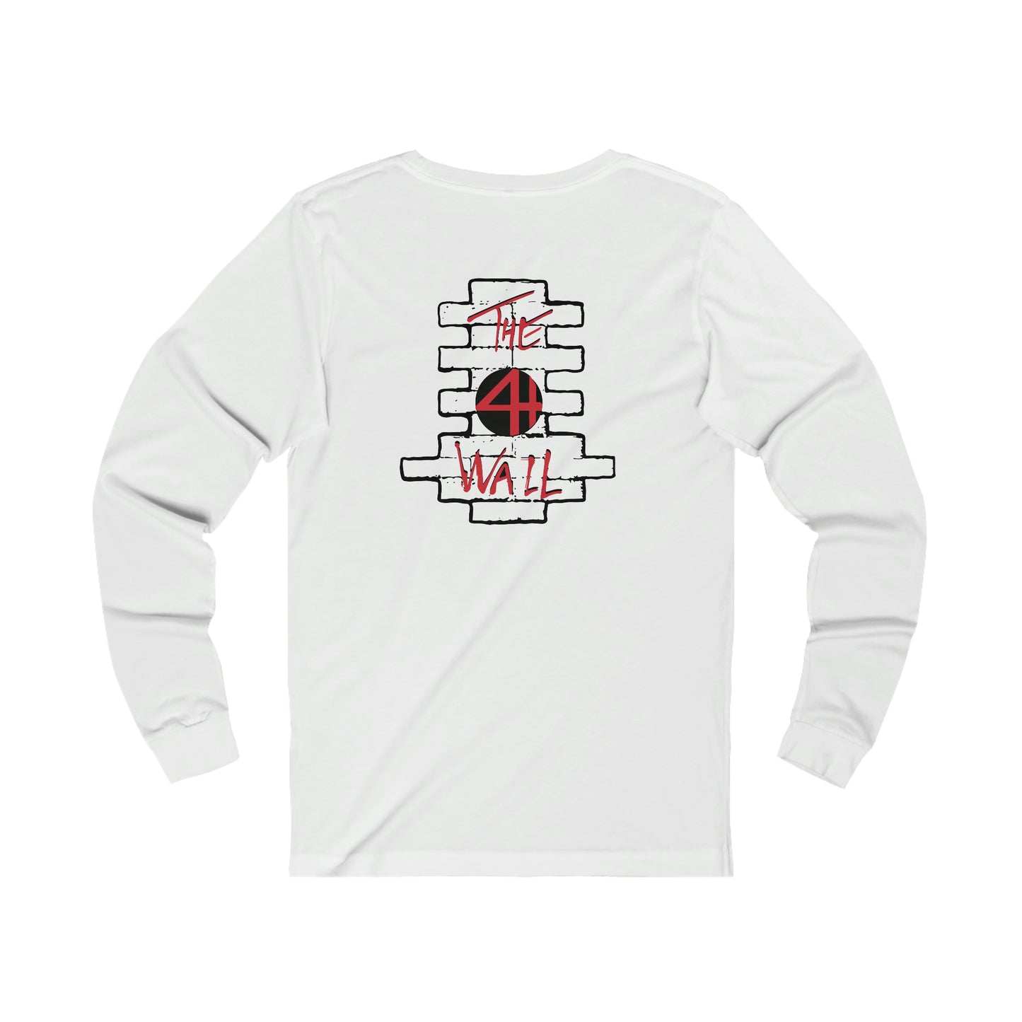 White long-sleeve cotton jersey featuring a red and black brick wall graphic with 4th Wall branding on the back.