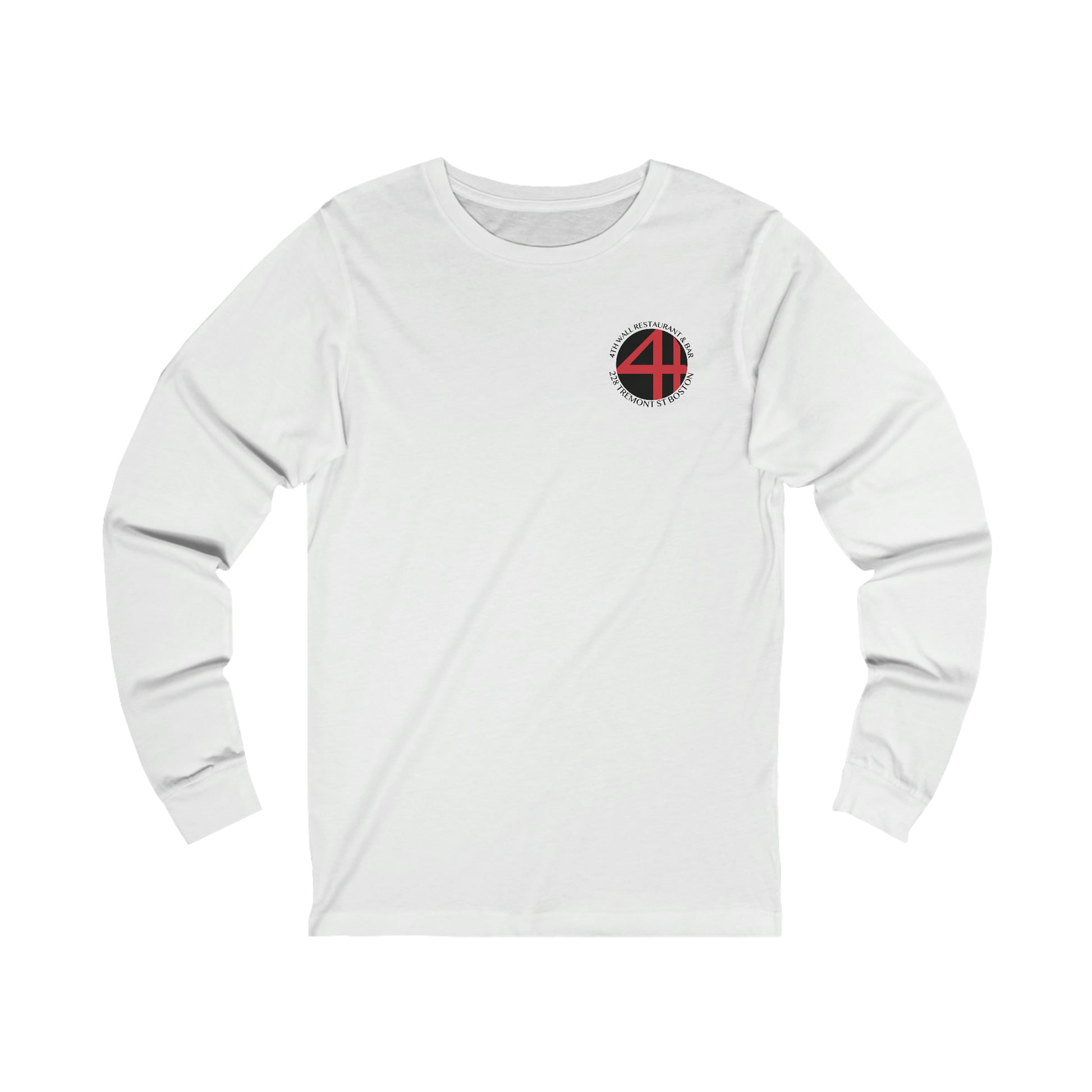White long-sleeve cotton jersey tee featuring a circular 4th Wall Restaurant and Bar logo on the chest.