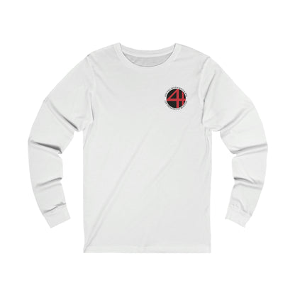 White long-sleeve cotton jersey tee featuring a circular 4th Wall Restaurant and Bar logo on the chest.