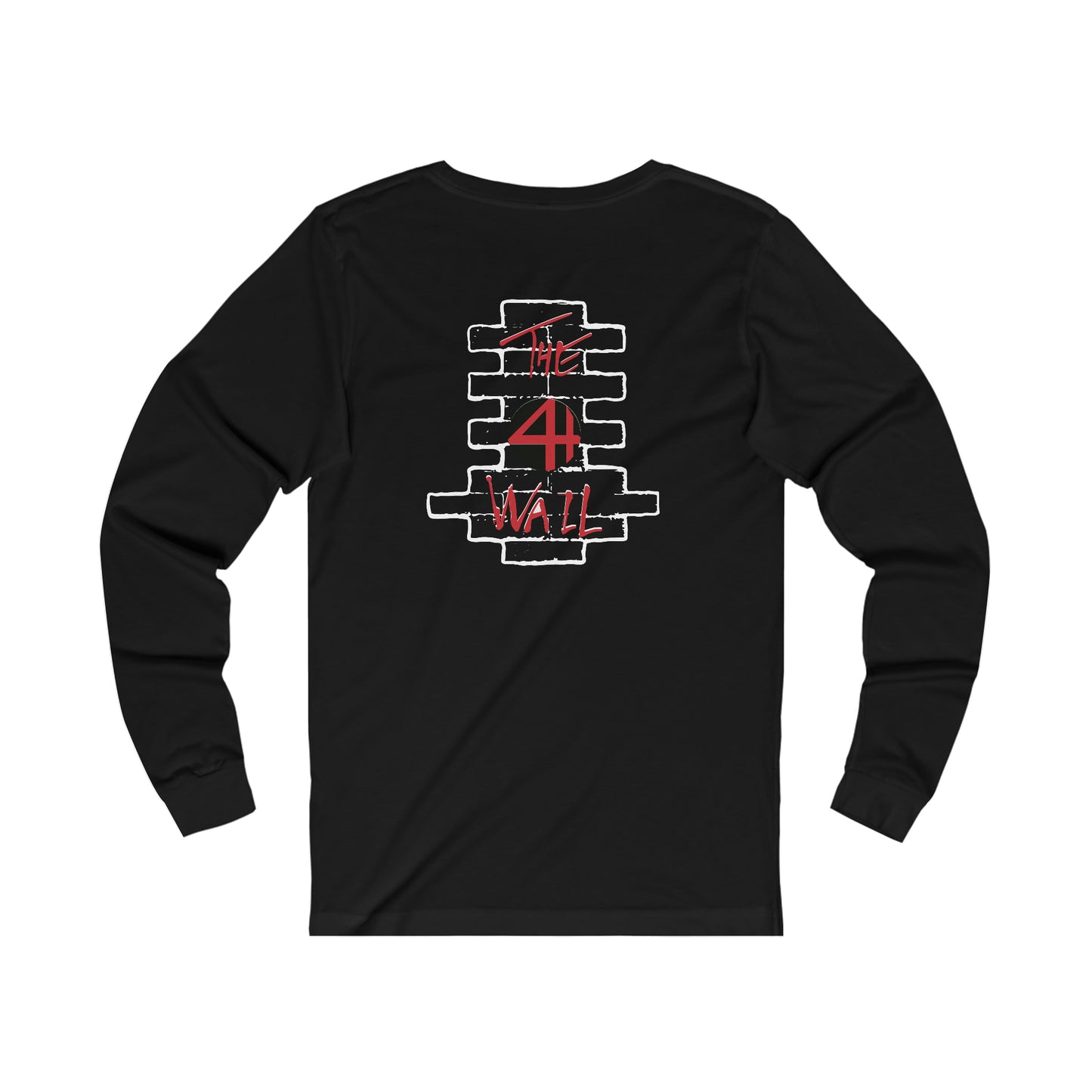 Black long-sleeve cotton jersey featuring a white brick wall graphic and red The 4th Wall text on the back.
