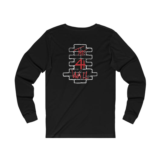 Black long-sleeve cotton jersey featuring a white brick wall graphic and red The 4th Wall text on the back.