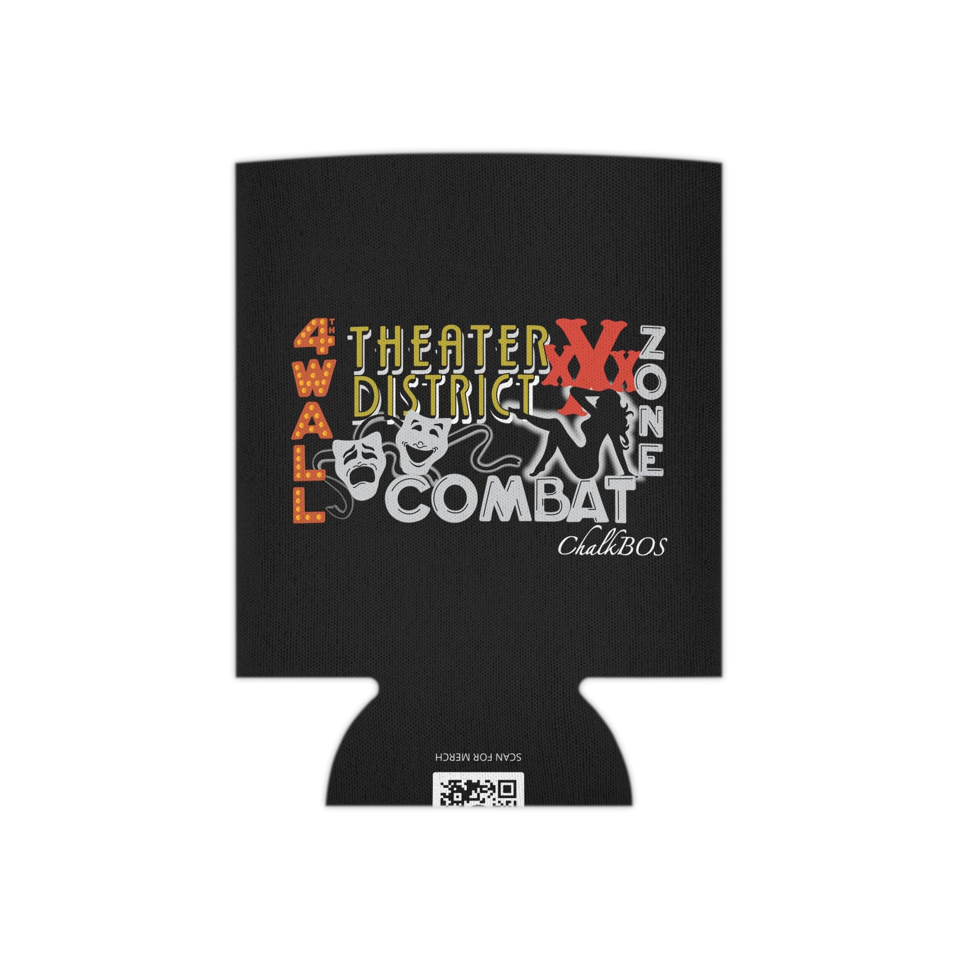 Black foam can cooler featuring a 4th Wall Theater District graphic with theater masks and red text on a white background.