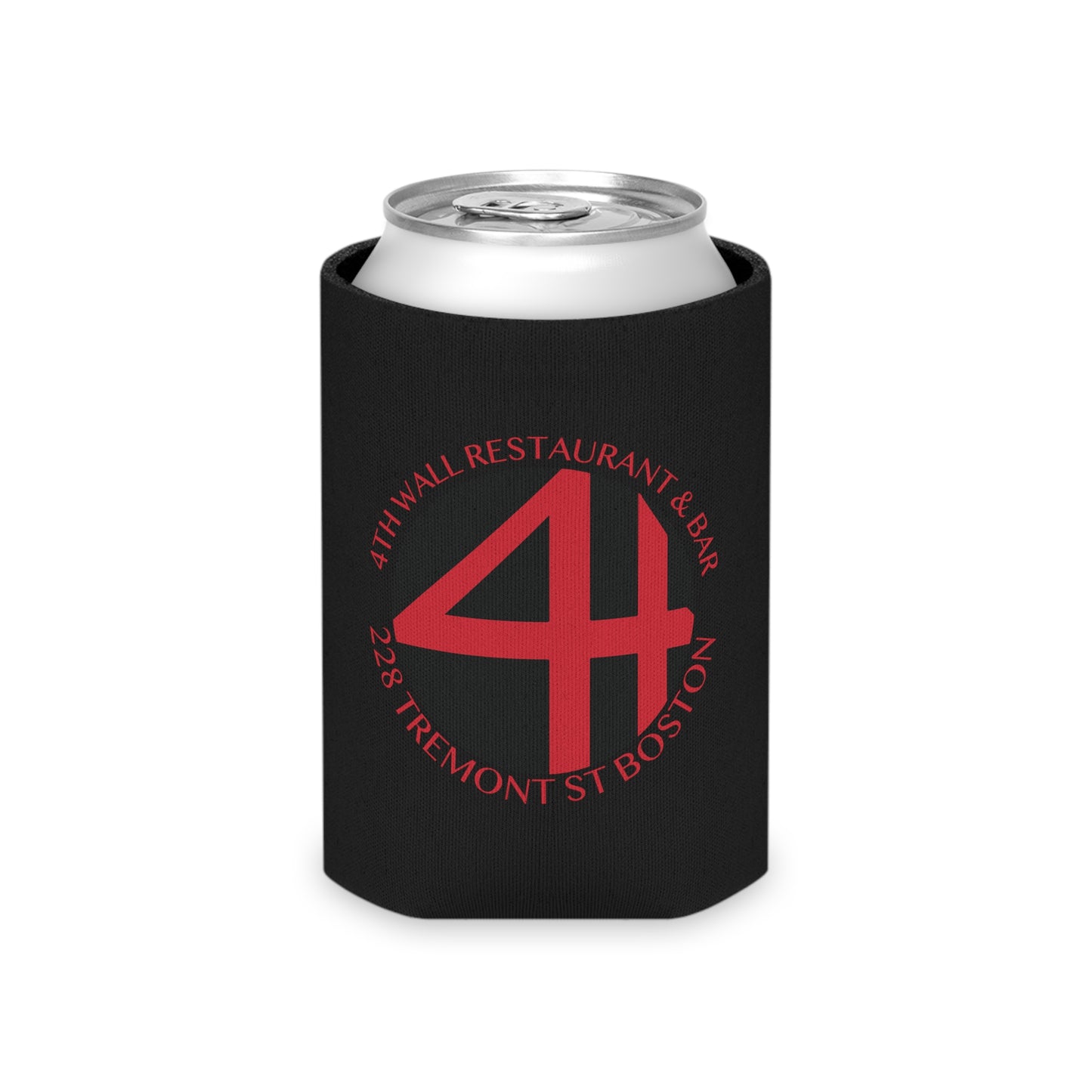 Black foam can cooler featuring a red 4th Wall Theater District logo on a standard beverage can.