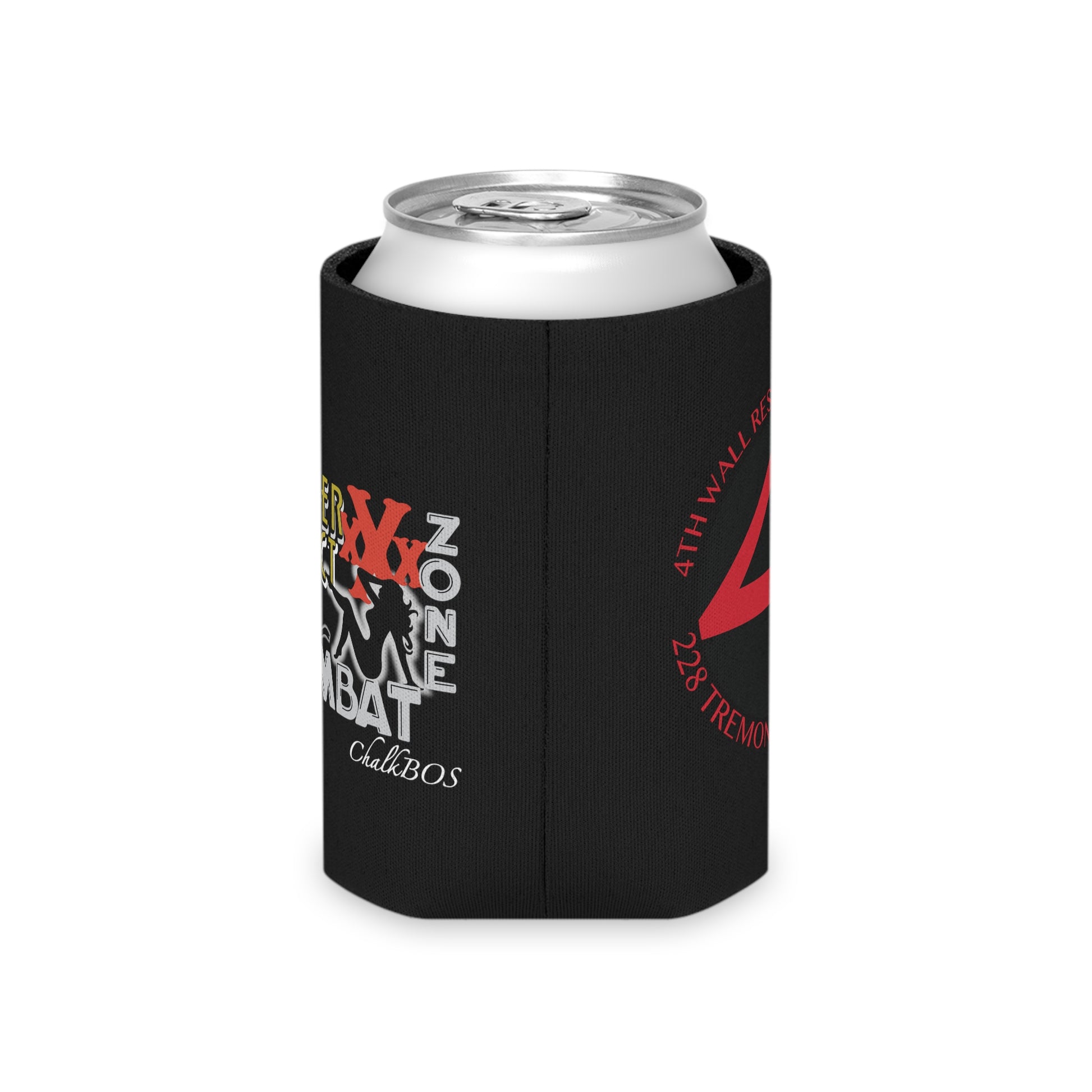 Black polyester can cooler featuring 4th Wall Theater District branding and a white foam liner for standard cans.