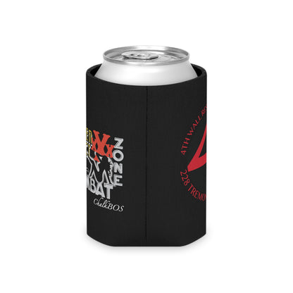 Black polyester can cooler featuring 4th Wall Theater District branding and a white foam liner for standard cans.