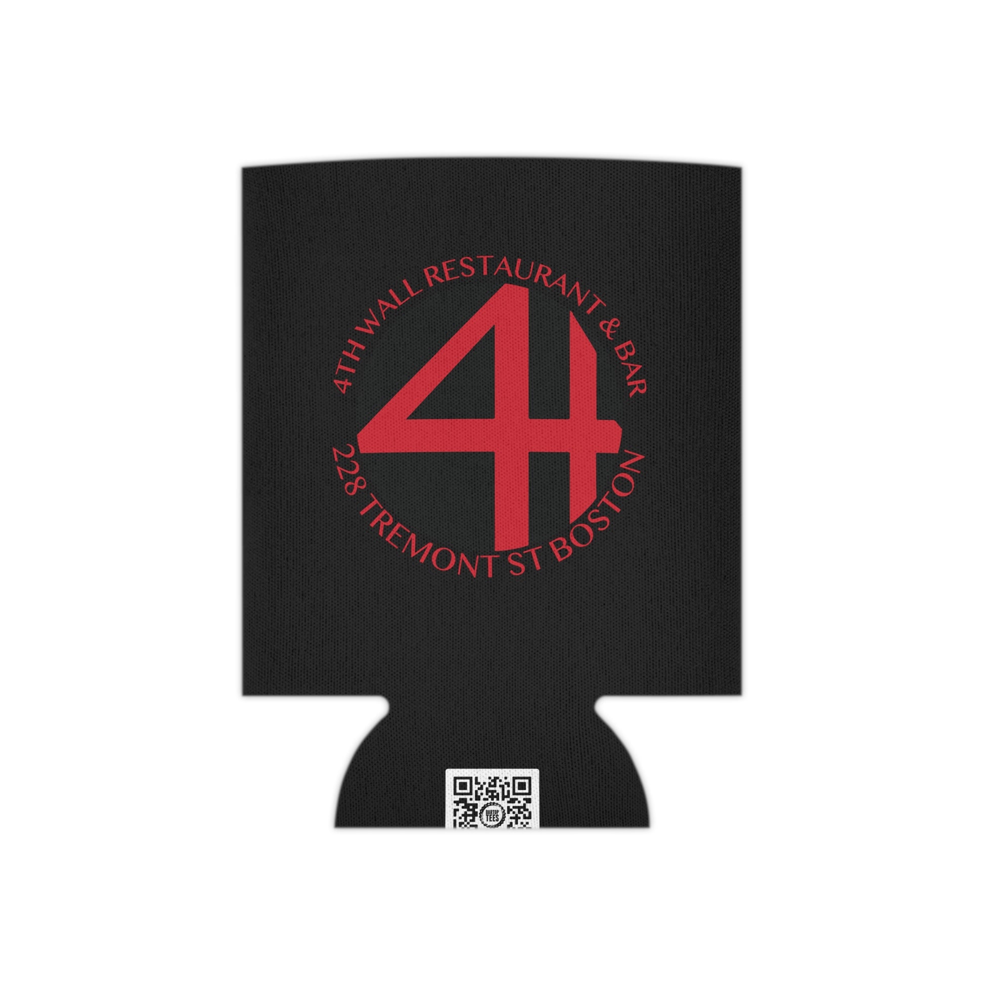 Black foam can cooler featuring a red 4th Wall Restaurant & Bar logo with Boston address text.