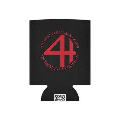 Black foam can cooler featuring a red 4th Wall Restaurant & Bar logo with Boston address text.