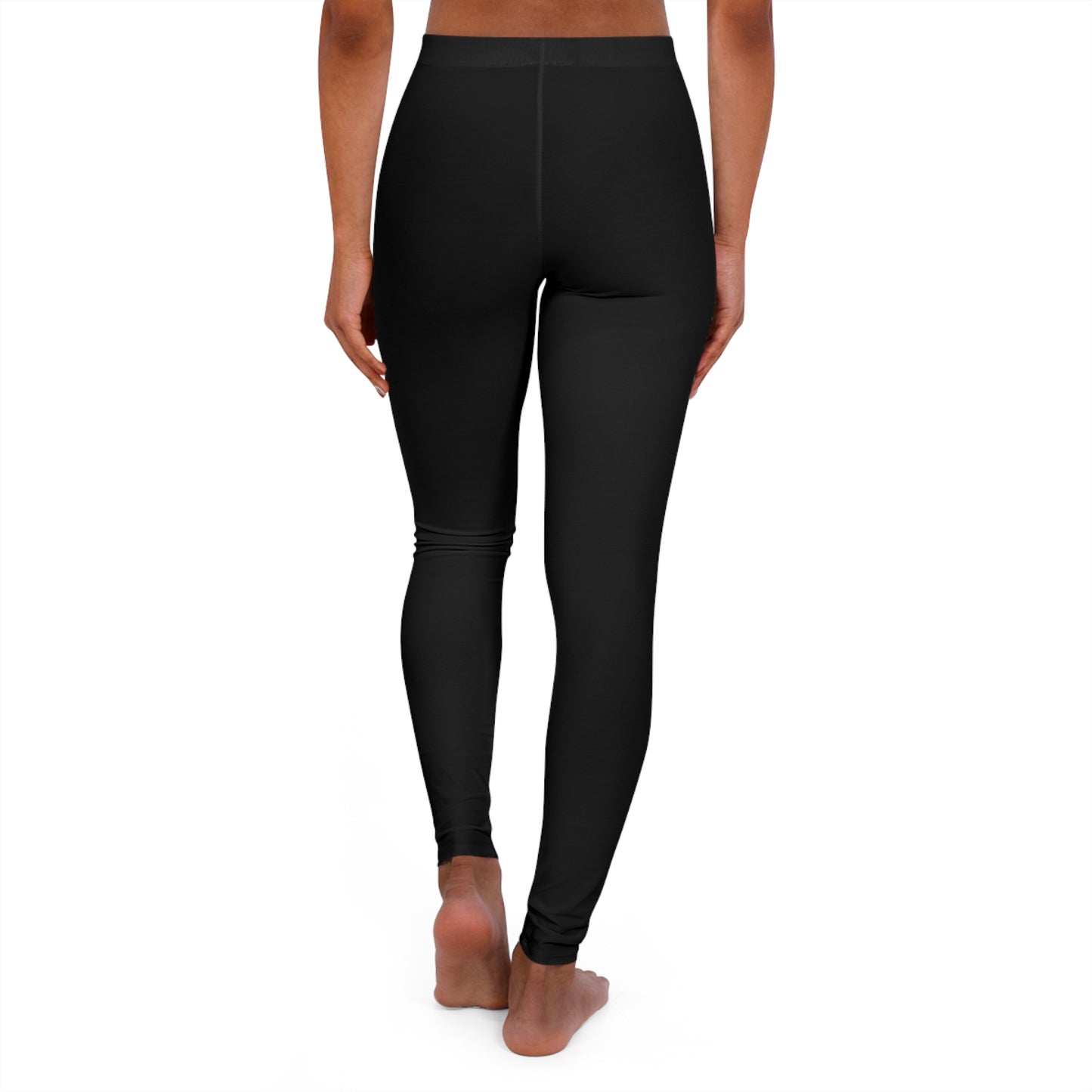 Back view of women's black spandex leggings with a skinny fit and double-layer waistband on a white background.