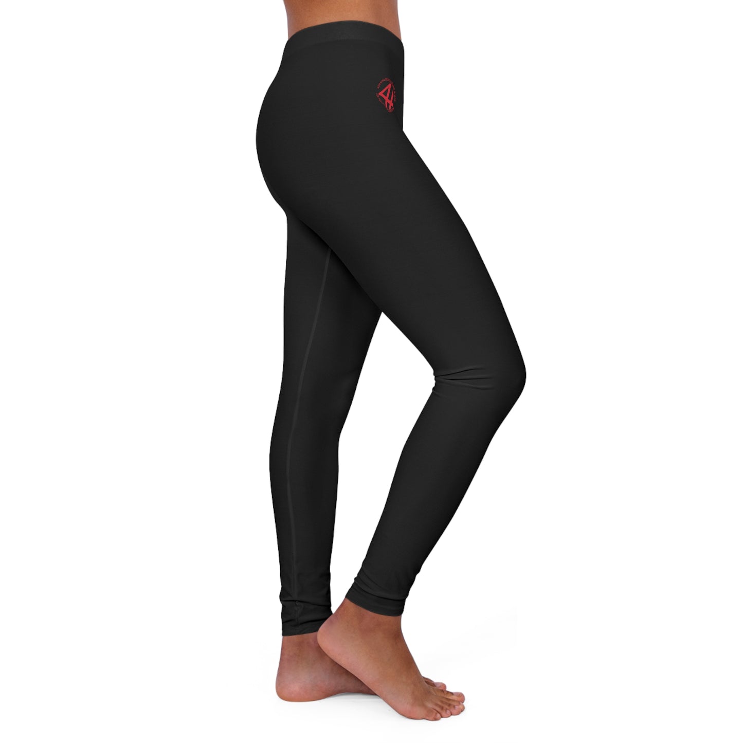 Women's black spandex leggings with a double-layer waistband and a small red 4th Wall logo on the hip.