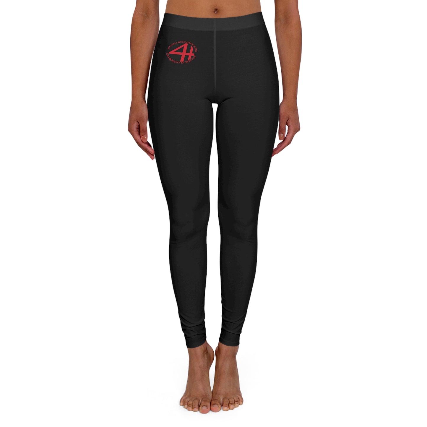 Black women's spandex leggings with a double-layer waistband and a red 4th Wall logo on the hip.