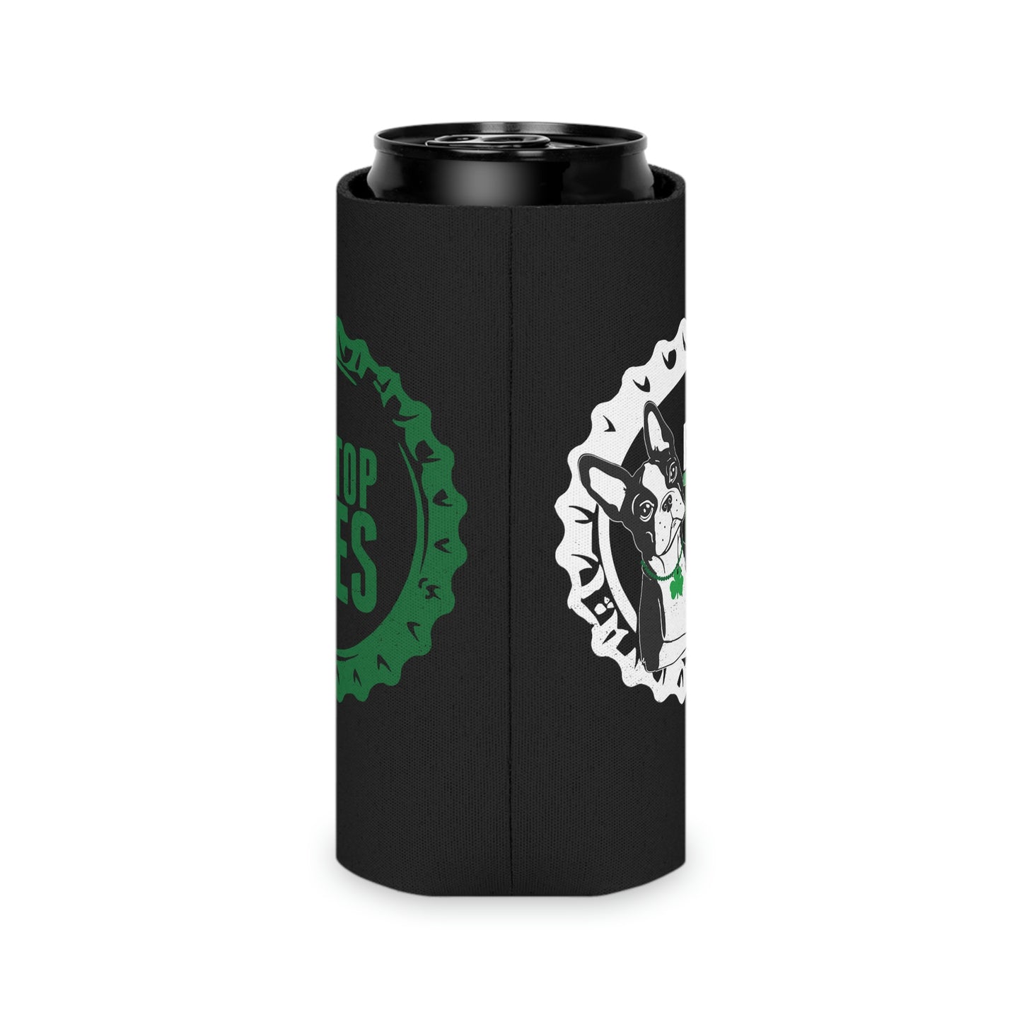 Black insulated can cooler with white polyester exterior, featuring a French bulldog graphic and Irish-themed print.