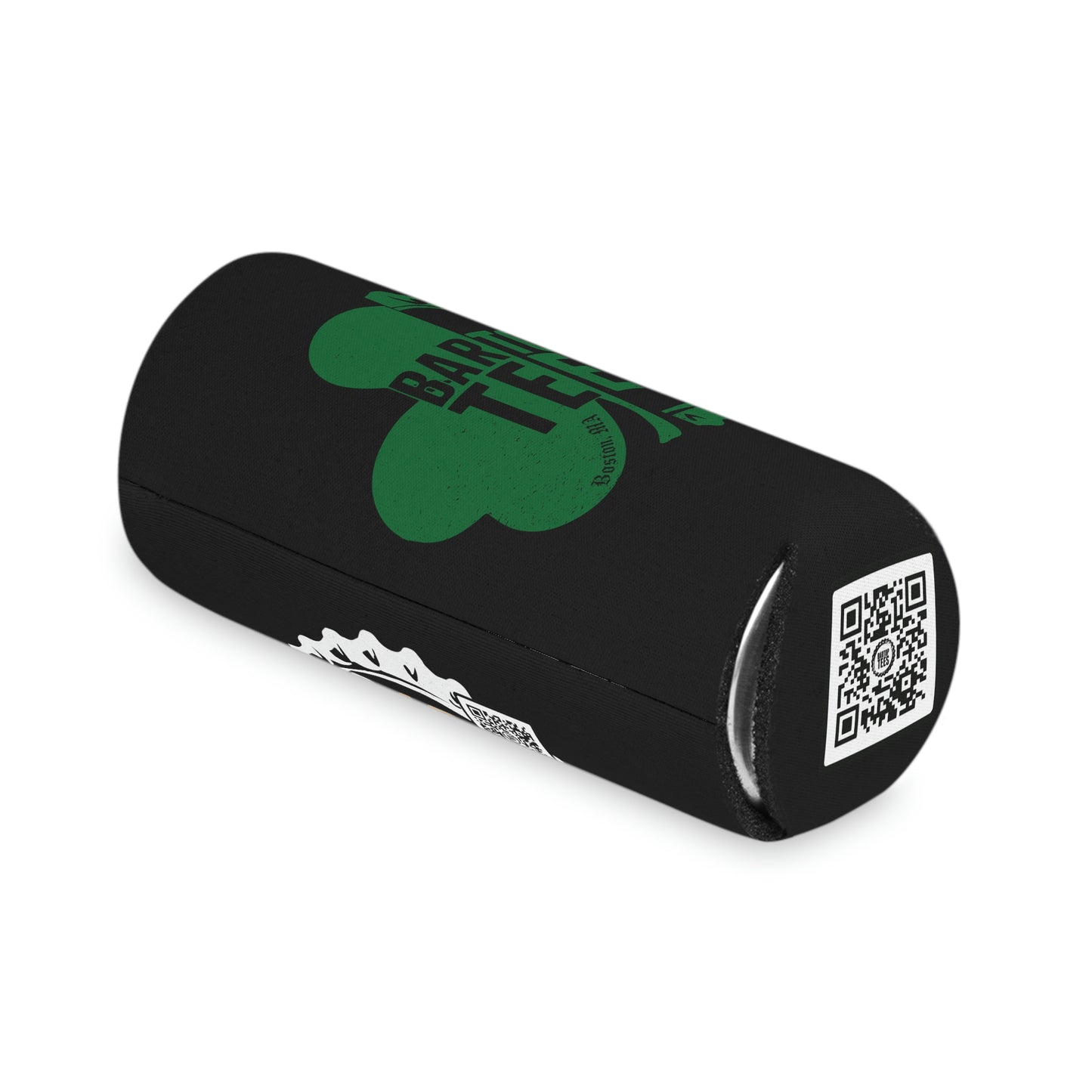 Black BarTop Irish Tommy foam can cooler with a green shamrock logo and QR code on a white background.