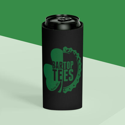 Black slim can cooler with a green shamrock and bottle cap logo design on a two-tone green background.