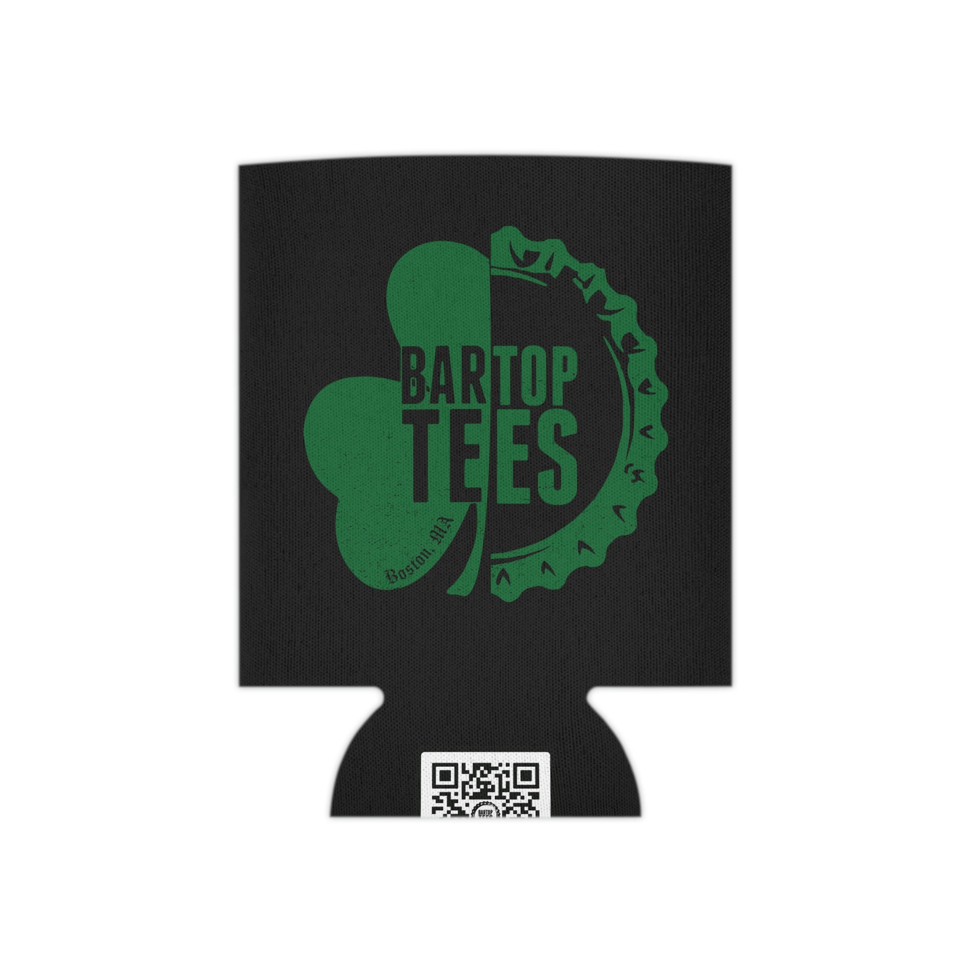 Black insulated can cooler with a green shamrock and bottle cap logo design, featuring a QR code on the base.