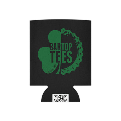 Black insulated can cooler with a green shamrock and bottle cap logo design, featuring a QR code on the base.